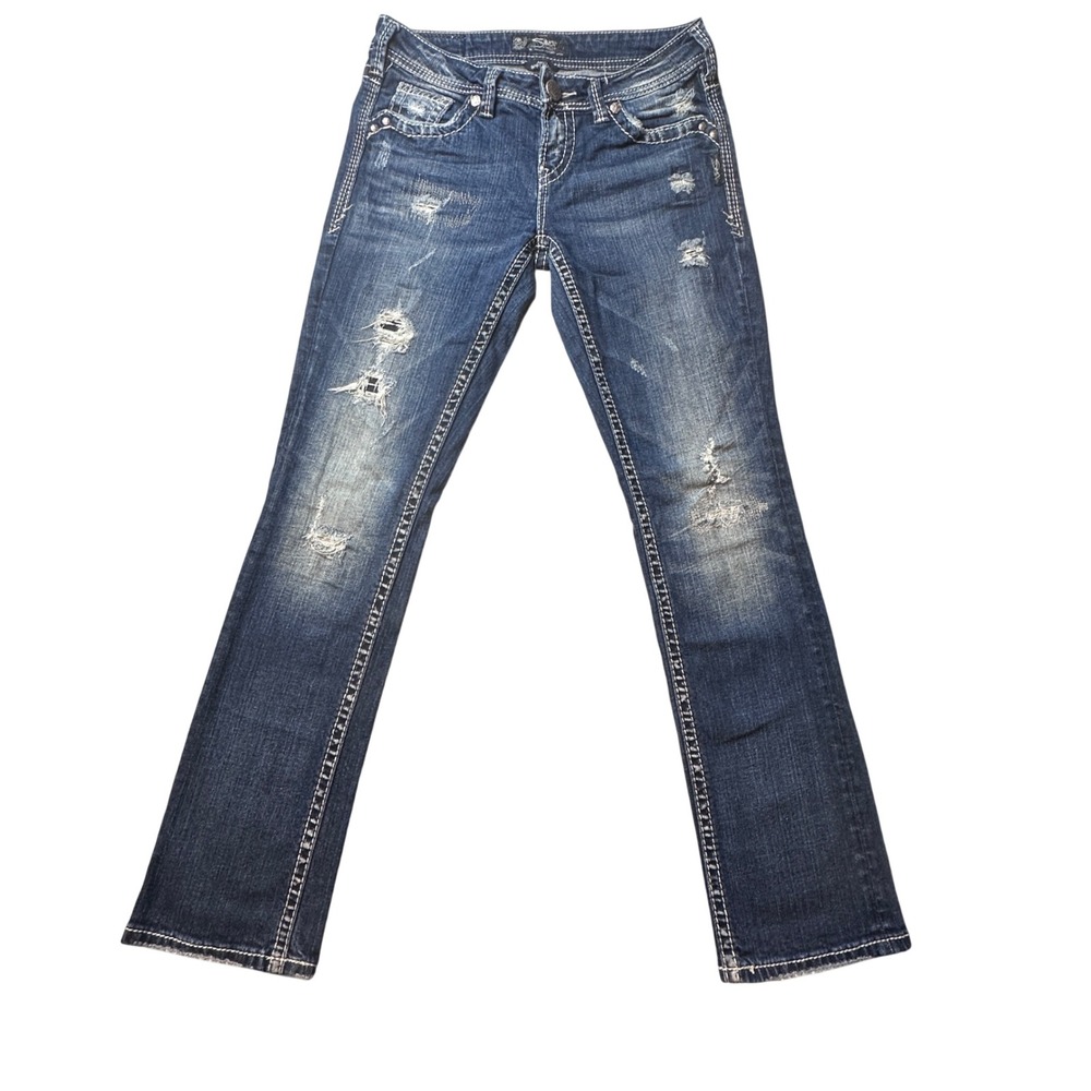 Silver‎ Jeans Womens 26 Blue Aiko Baby Boot Distressed Mid Rise Thick Stitch